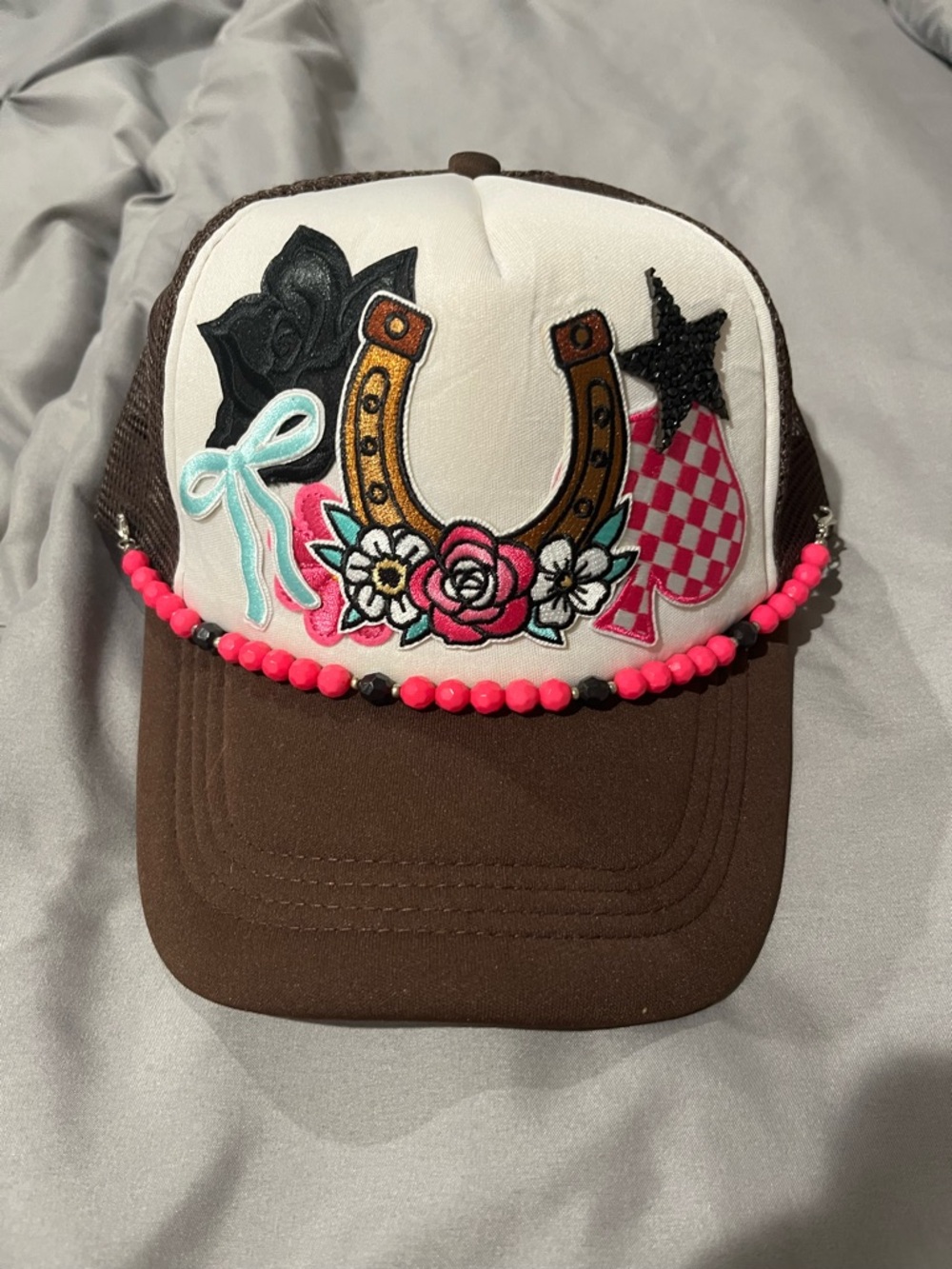 Embellished Brown & White Trucker Hat with Horseshoe and Floral Appliqués
